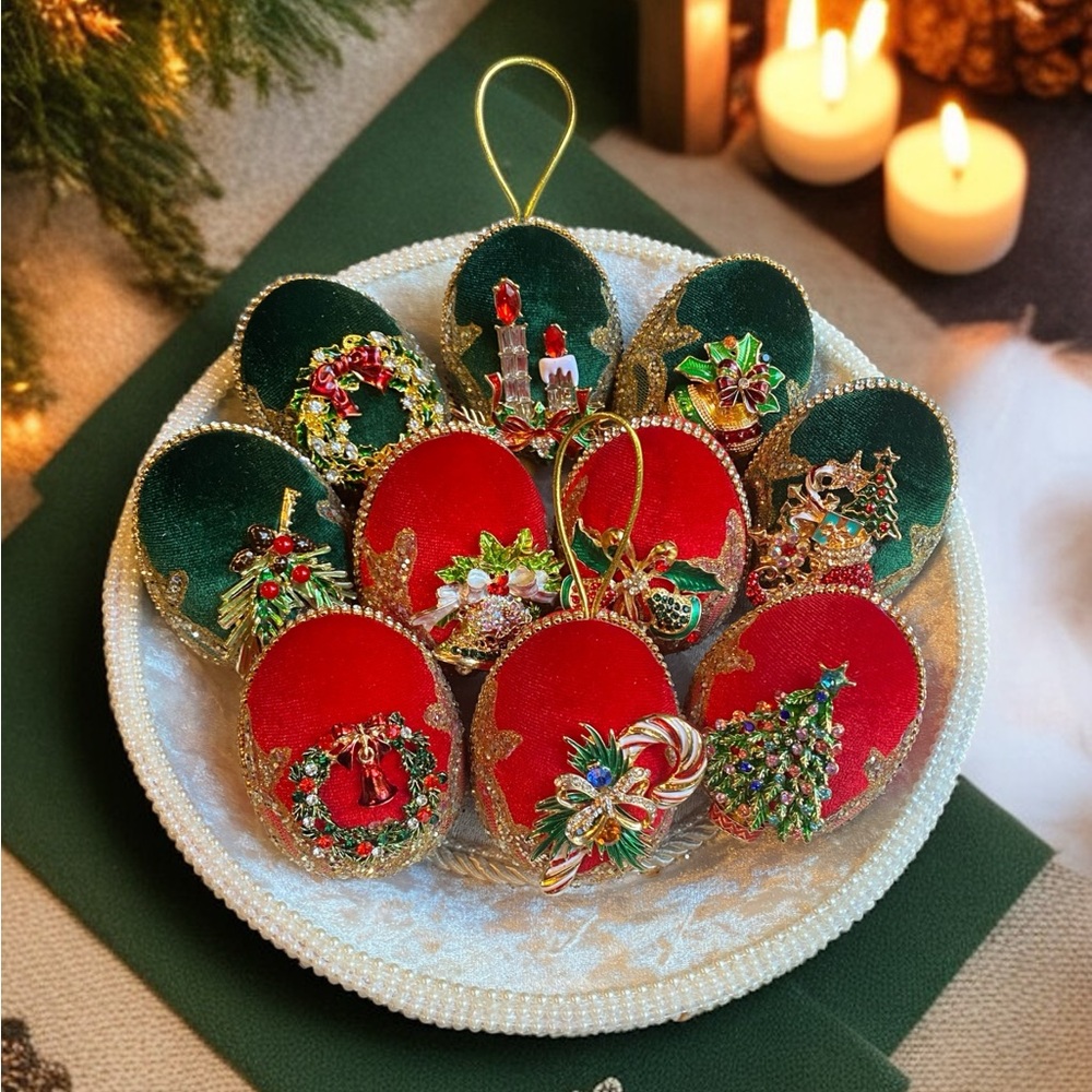 Hand Crafted Red and Green Holiday Eggs Ornaments